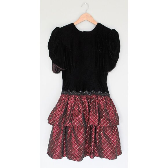 Vintage 1980s SCOTT McCLINTOCK Velvet & Burgundy Taffeta Open Back Dress Size 10 - Picture 1 of 9